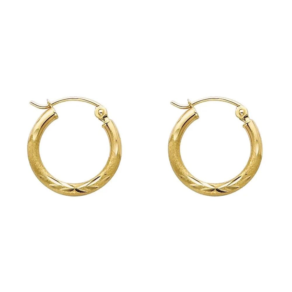 NEW 14K YELLOW GOLD 2MM BUDDED DC ROUND TUBE HOOP EARRINGS (15MM): NEW 14K YELLOW GOLD 2MM BUDDED DC ROUND TUBE HOOP EARRINGS (15MM) 2MM BUDDED DC ROUND TUBE HOOP EARRINGS (15MM) NEW 14K YELLOW GOLD HEIGHT - 13 mm WIDTH - 13 mm Apx WEIGHT - 0.7 g
