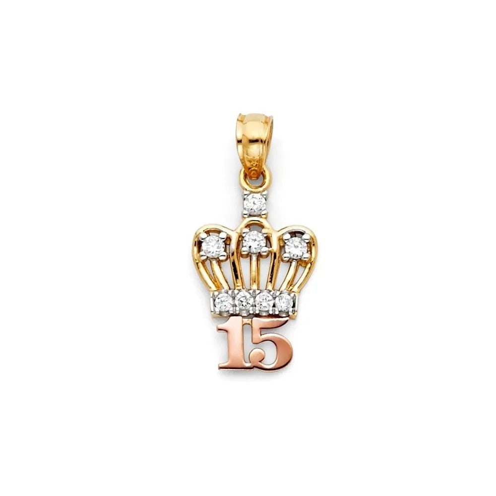 NEW 14K TRI COLOR GOLD 15 YEARS CROWN PENDANT: NEW 14K TRI COLOR GOLD 15 YEARS CROWN PENDANT 15 YEARS CROWN PENDANT NEW 14K TRI COLOR GOLD Height : 15 mm Width : 10 mm Apx. WEIGHT : 1g