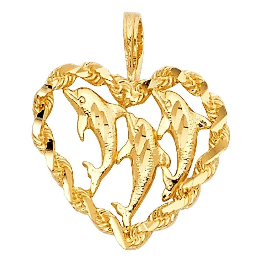 NEW 14K YELLOW GOLD HEART WITH DOLPHIN PENDANT (1 of 2)