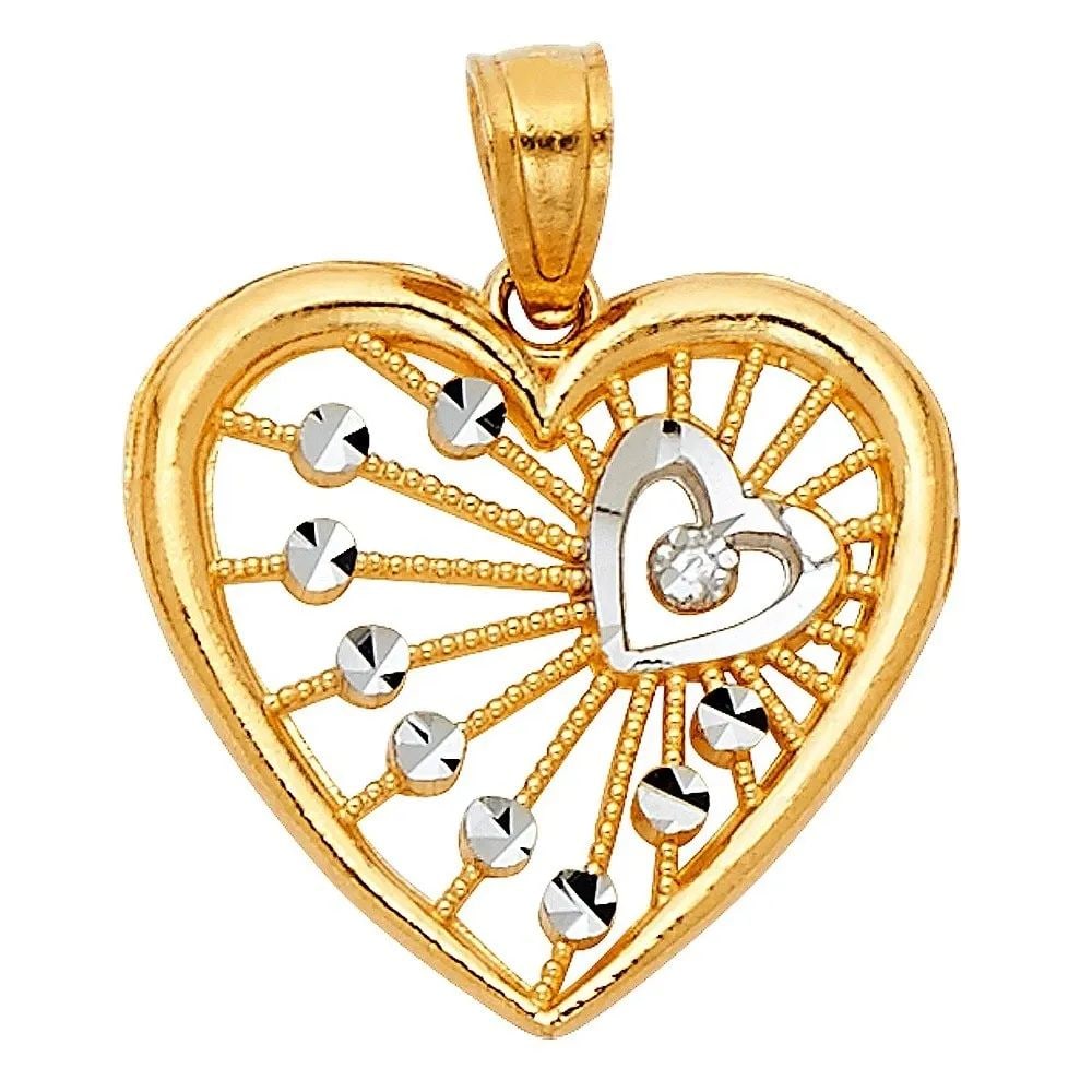 NEW 14K TWO TONE GOLD HEART PENDANT (PT427): NEW 14K TWO TONE GOLD HEART PENDANT HEART PENDANT (PT427) NEW 14K TWO TONE GOLD Height : 17 mm Width : 18 mm Apx. WEIGHT : 1g