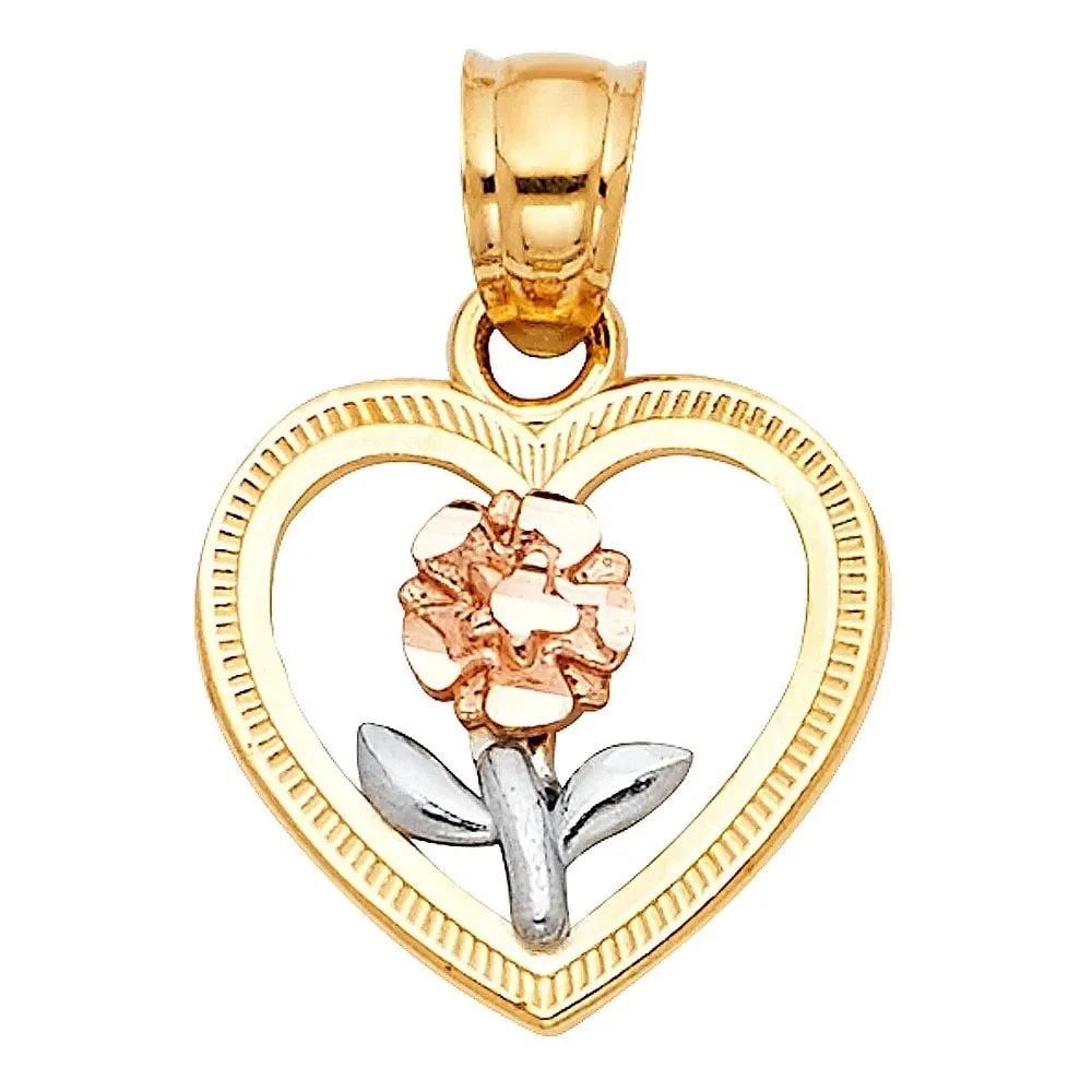 NEW 14K TRI COLOR GOLD HEART FLOWER PENDANT: NEW 14K TRI COLOR GOLD HEART FLOWER PENDANT HEART FLOWER PENDANT NEW 14K TRI COLOR GOLD Height : 15 mm Width : 13 mm Apx. WEIGHT : 1g