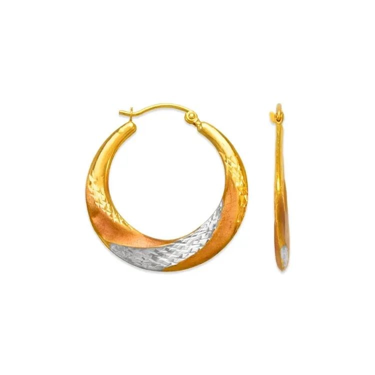 NEW 14K TRICOLOR GOLD HOLLOW SUPER LIGHT SHRIMP HOOP EARRINGS: NEW 14K TRICOLOR GOLD HOLLOW SUPER LIGHT SHRIMP HOOP EARRINGS HOLLOW SUPER LIGHT SHRIMP HOOP EARRINGS NEW 14K TRICOLOR GOLD Width: Approx. 25mm Apx WEIGHT: 1g
