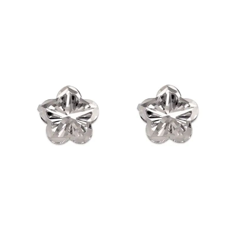 NEW 14K WHITE GOLD DIAMOND CUT FLOWER STUD EARRINGS: NEW 14K WHITE GOLD DIAMOND CUT FLOWER STUD EARRINGS DIAMOND CUT FLOWER STUD EARRINGS NEW 14K WHITE GOLD Width: Approx. 8mm Apx WEIGHT: 1g