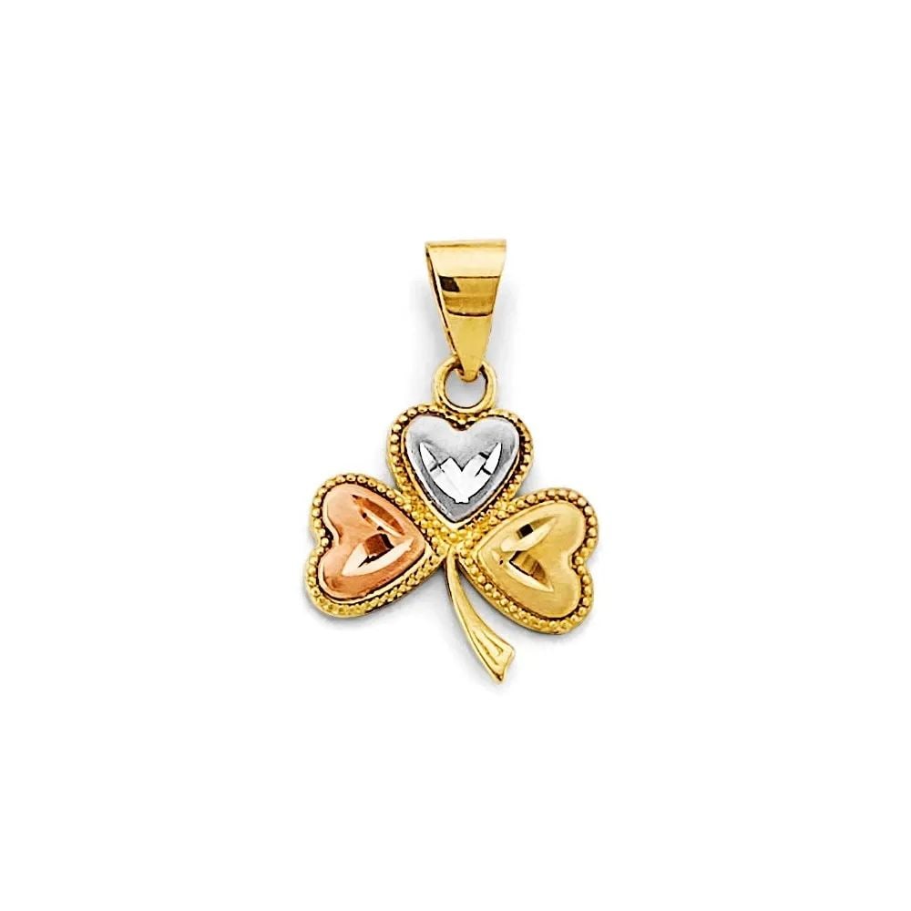 NEW 14K TRI COLOR GOLD HEART CLOVER PENDANT: NEW 14K TRI COLOR GOLD HEART CLOVER PENDANT HEART CLOVER PENDANT NEW 14K TRI COLOR GOLD Height : 20 mm Width : 13 mm Apx. WEIGHT : 0.9g
