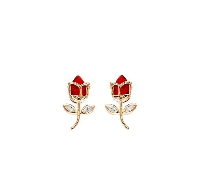 NEW 14K YELLOW GOLD RED TULIP EARRINGS WITH SCREW BACK (1 of 2)