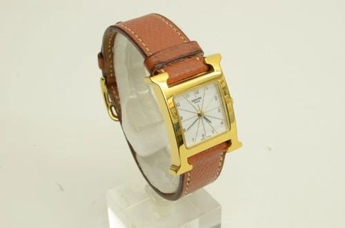 AUTHENTIC HERMES BROWN LEATHER GOLD PLATED H LOGO 20MM WATCH SUNBURST HH1.201 (1 of 2)