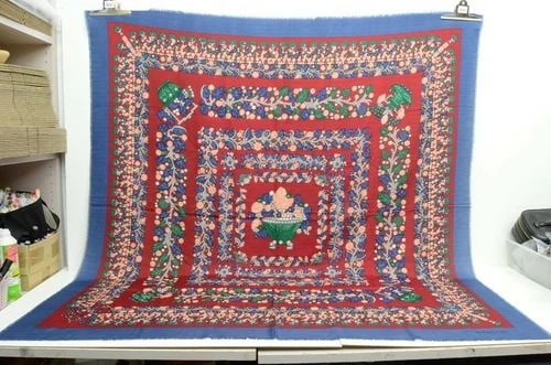 AUTHENTIC CARTIER SHAWL VINTAGE SILK WOOL DIAMOND POTTED PLANT RED BLUE FRINGED (1 of 2)