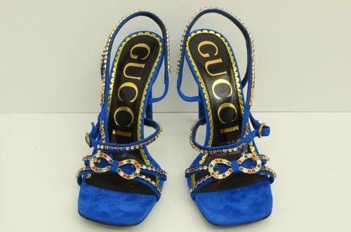 AUTHENTIC GUCCI GEMSTONE HEELS SHOES WOMENS SCAMOSCIATO BLUE 602526 C2000 4535 (1 of 2)