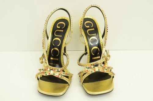 AUTHENTIC GUCCI GEMSTONE HEELS SHOES WOMENS NAPPA PLATINO GOLD 602526 B8B00 8053 (1 of 2)