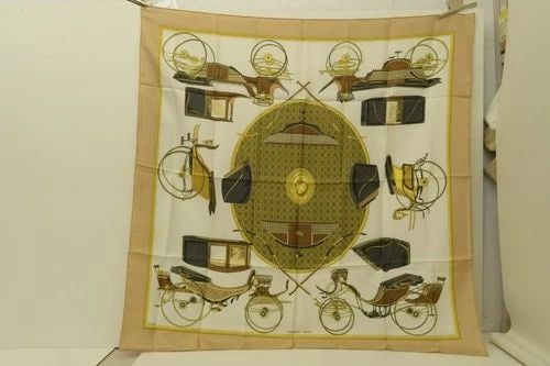 AUTHENTIC HERMES SCARF VINTAGE VOITURES TRANSFORMATION BEIGE 90CM PERRIERE SILK: AUTHENTIC HERMES SCARF VINTAGE VOITURES TRANSFORMATION BEIGE 90CM PERRIERE SILK Convertible Cars Les Voitures a Transformation Françoise De La Perriere Manufactured: France Height: 90cm (35.4 inch) W
