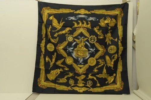 AUTHENTIC HERMES SCARF VINTAGE LES PARURES DU VENT BLACK 90CM METZ SILK: AUTHENTIC HERMES SCARF VINTAGE LES PARURES DU VENT BLACK 90CM METZ SILK Les Parures Du Vent The Adorments of Wind Joachim Metz Manufactured: France Height: 90cm (35.4 inch) Width: 90cm (35.4 inch) 100