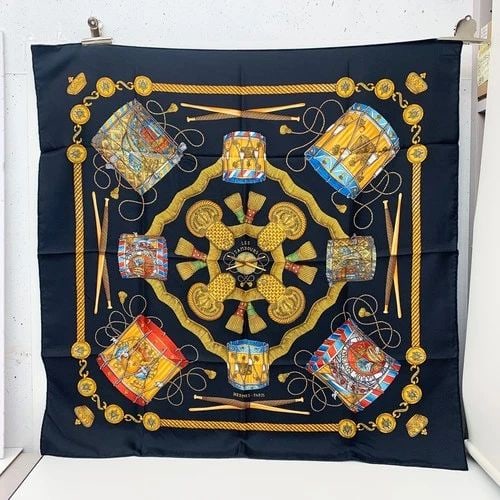 AUTHENTIC HERMES SCARF LES TAMBOURS METZ DRUMS BLACK 90CM VINTAGE SILK CARRE (1 of 2)