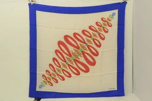 AUTHENTIC MUST DE CARTIER 100% SILK SCARF WHITE 90CM RIBBONS JEWELRY BLUE BORDER: AUTHENTIC MUST DE CARTIER 100% SILK SCARF WHITE 90CM RIBBONS JEWELRY BLUE BORDER Authentic Must de Cartier 100% Silk Scarf White 90cm Ribbons Jewelry Blue Border AUTHENTIC MUST DE CARTIER 100% SILK SC