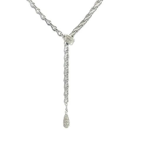 DI MODOLO DIAMOND GOLD NECKLACE 18K WHITE LARIAT WHEAT CHAIN TEARDROP: DI MODOLO DIAMOND GOLD NECKLACE 18K WHITE LARIAT WHEAT CHAIN TEARDROP This elegant Di Modolo necklace is a stunning piece of fine jewelry featuring a teardrop-shaped dangling at the end of the chain a