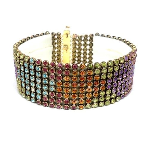 GEMSTONE GOLD BRACELET 8 ROW 14K YELLOW BEZEL SET FLEX LINKS: GEMSTONE GOLD BRACELET 8 ROW 14K YELLOW BEZEL SET FLEX LINKS This is a beautiful 14k yellow gold wide flex bracelet, it features 8 rows wide with small round links joined together by short stick links