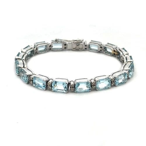 AQUAMARINE DIAMOND GOLD BRACELET 18K WHITE RECTANGLE TENNIS STYLE (1 of 2)