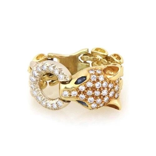DIAMOND SAPPHIRE PANTHER RING 18K YELLOW GOLD DOOR KNOCKER LINK BAND (1 of 2)