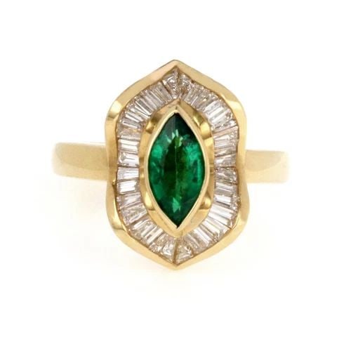 18K YELLOW GOLD DIAMOND & MARQUEE CUT EMERALD COCKTAIL RING SIZE - 7 (1 of 2)