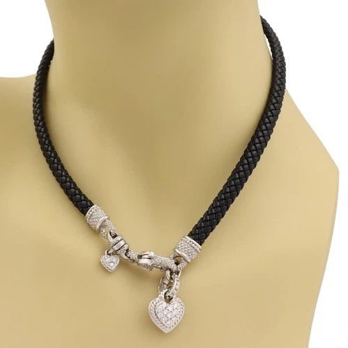 JUDITH RIPKA DIAMOND 18K WHITE GOLD HEART CLASP PENDANT WEAVE CORD NECKLACE: JUDITH RIPKA DIAMOND 18K WHITE GOLD HEART CLASP PENDANT WEAVE CORD NECKLACE Judith Ripka Diamond 18k White Gold Heart Clasp Pendant Weave Cord Necklace Description This is an authentic necklace from J