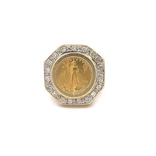ESTATE DIAMOND 22K LIBERTY COIN 14K GOLD OCTAGON SHAPE RING: ESTATE DIAMOND 22K LIBERTY COIN 14K GOLD OCTAGON SHAPE RING This gorgeous large men's coin ring is crafted from 14k yellow featuring an octagonal shape at the top with diamond bezel in white gold pron