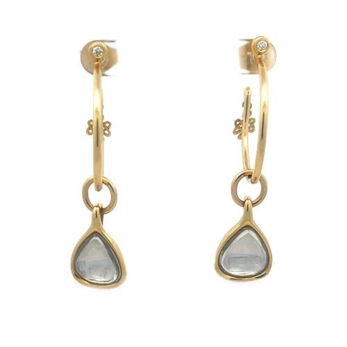 H.STERN GOLD HOOP EARRINGS 18K DIAMOND GEM "LOVE TRUTH" DANGLE CHARM: H.STERN GOLD HOOP EARRINGS 18K DIAMOND GEM "LOVE TRUTH" DANGLE CHARM This lovely pair of hoop earrings are a stunning piece of fine jewelry from H. Stern; it is just perfect for a birthday or Mother's