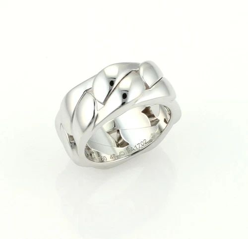 CARTIER GOLD RING 18K WHITE BRAIDED STYLE BAND SIZE 4.75 W/CERT: CARTIER GOLD RING 18K WHITE BRAIDED STYLE BAND SIZE 4.75 W/CERT The Cartier gold band is a stunning piece of fine jewelry featuring a full circle braided style made of 18k white gold with a polished f