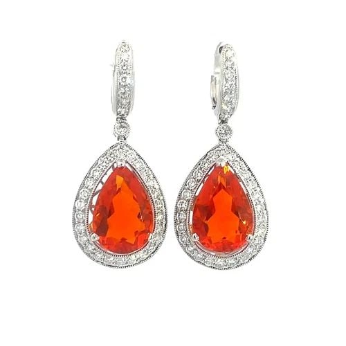 DIAMOND MEXICAN OPAL GOLD EARRINGS 18K WHITE PEAR SHAPE DANGLE STYLE: DIAMOND MEXICAN OPAL GOLD EARRINGS 18K WHITE PEAR SHAPE DANGLE STYLE This is a stunning pair of drop dangle earrings; they are crafted from 18k white gold featuring a huggie hoop top with diamonds on 