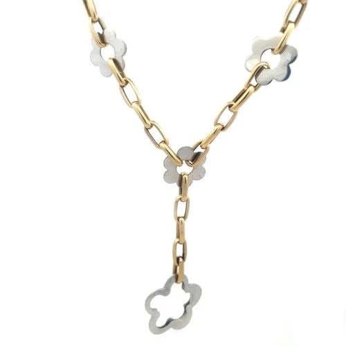 GOLD 14K LARIAT NECKLACE FLORAL MOTIFS TWO TONE OVAL LINK CHAIN (1 of 2)