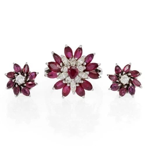 EARRINGS & RING SET DIAMOND GEMSTONE 18K WHITE GOLD FLORAL (1 of 2)