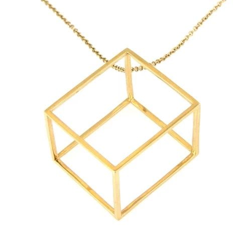 GOLD PENDANT RECTANGLE SHAPE 3D OPEN STYLE 18K YELLOW & CHAIN 35" LONG (1 of 2)