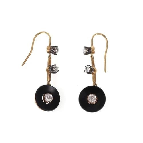 ART DECO OLD MINE CUT DIAMOND ONYX BUTTON SHAPE HOOK DANGLE EARRINGS (1 of 2)