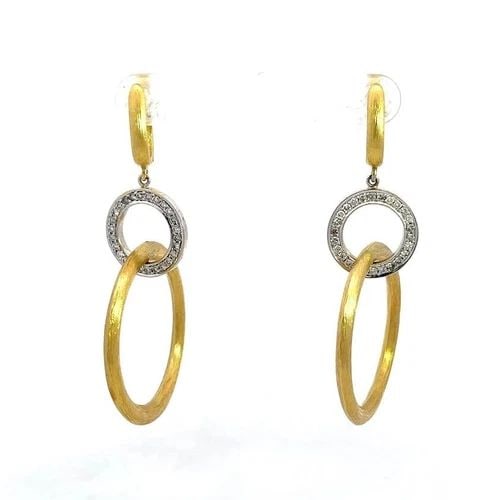 DIAMOND HOOP DANGLE EARRINGS 18K YELLOW & WHITE GOLD: DIAMOND HOOP DANGLE EARRINGS 18K YELLOW & WHITE GOLD This beautiful 3 tier hoop earrings are crafted from 18k yellow and white gold. The top small oval hoop comes with a post snap shut clasp. The cent