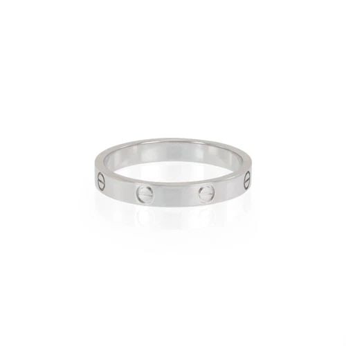 CARTIER MINI LOVE 18K WHITE GOLD 4MM WIDE BAND RING SIZE 74: CARTIER MINI LOVE 18K WHITE GOLD 4MM WIDE BAND RING SIZE 74 Cartier Mini Love 18k White Gold 4mm Wide Band Ring Size 74 Description This elegant authentic ring is by Cartier, it is crafted from 18k wh