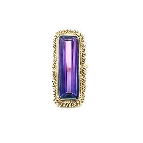 AMETHYST GOLD LONG RING 18K YELLOW ROPE STYLE SPLIT SHANK SIZE 5 VINTAGE (1 of 2)