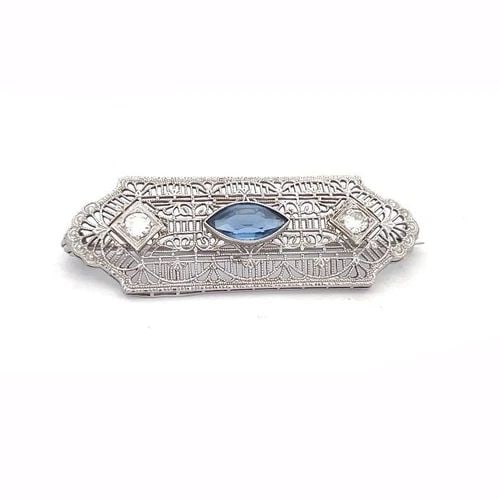 ART DECO FILIGREE BROOCH OLD MINE CUT DIAMOND SAPPHIRE 10K WHITE GOLD: ART DECO FILIGREE BROOCH OLD MINE CUT DIAMOND SAPPHIRE 10K WHITE GOLD This is an Art Deco brooch, it is crafted from 10k white gold featuring a rectangle long shape with fine scallop ends and the enti