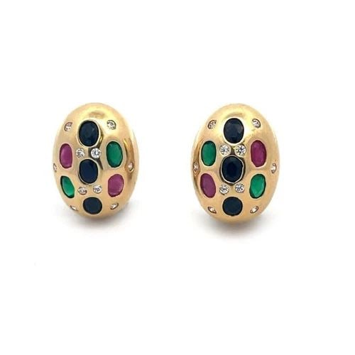 67986 DIAMOND SAPPHIRE & GEMS 13K YELLOW GOLD OVAL DOME HUGGIE EARRINGS: 67986 DIAMOND SAPPHIRE & GEMS 13K YELLOW GOLD OVAL DOME HUGGIE EARRINGS This lovely pair of earrings are crafted from 14k yellow gold featuring a polished oval shape dome 19mm long. It has flush set o