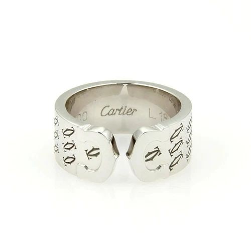 CARTIER DOUBLE C GOLD CUFF BAND LIMITED EDITION 18K WHITE SIZE 5.75: CARTIER DOUBLE C GOLD CUFF BAND LIMITED EDITION 18K WHITE SIZE 5.75 This lovely Cartier Double C de Cartier cuff band is crafted from 18k white gold, it is a stylish and luxurious ring made of polishe