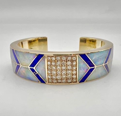 NAVAJO 14K YELLOW GOLD AUSTRALIAN FIRE OPAL & LAPIS LAZULI DIAMOND CUFF BRACELET (1 of 2)