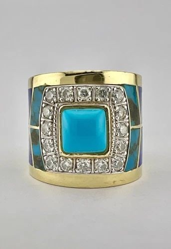 DAVID FREELAND JR NAVAJO 18K GOLD BISBEE TURQUOISE VS2 .80CT DIAMOND LAPIS RING: DAVID FREELAND JR NAVAJO 18K GOLD BISBEE TURQUOISE VS2 .80CT DIAMOND LAPIS RING David R Freeland Jr Contemporary Navajo 18k Gold Bisbee Turquoise VS2 .80ct Diamond Lapis Ring Size: 10.25 - Ring Can Be