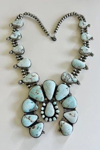 TRAVIS JIM NAVAJO STERLING DRY CREEK TURQUOISE SQUASH BLOSSOM NECKLACE 28" -343G (1 of 2)