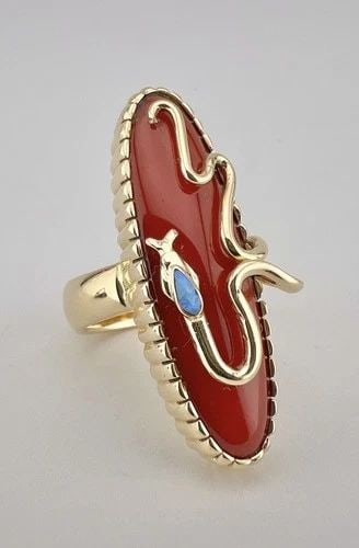 MUSEUM NAVAJO 14K YELLOW GOLD MEDITERRANEAN RED CORAL & FIRE OPAL SNAKE RING (1 of 2)