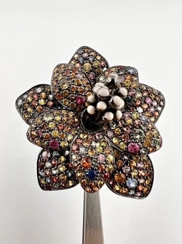 DESIGNER 14K GOLD RAINBOW MULTI COLOR SAPPHIRE 15CT + RHODIUM FLOWER RING 27.5G (1 of 2)