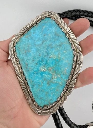 225G MASSIVE VTG FRANCISCO GOMEZ STERLING SILVER FOX TURQUOISE BOLO TIE 5.25" (1 of 2)