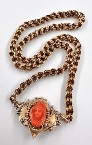 VICTORIAN 14K YELLOW GOLD CARVED NATURAL CORAL CAMEO SEED PEARL NECKLACE 26G (1 of 2)