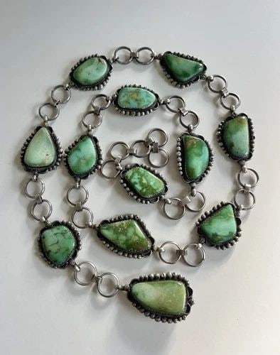 VINTAGE NAVAJO STERLING SILVER HIGH GRADE ROYSTON TURQUOISE LINK CONCHO BELT 46": VINTAGE NAVAJO STERLING SILVER HIGH GRADE ROYSTON TURQUOISE LINK CONCHO BELT 46" Vintage Navajo Sterling Silver SUPER High Grade Royston Turquoise Link Concho Belt 46" Belt Size: 46" - Tip To Tip - Ad