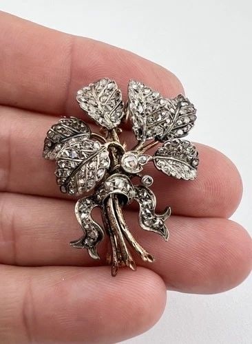 1800'S FRENCH GEORGIAN GOLD & SILVER ROSE CUT DIAMOND FLORAL BROOCH PENDANT (1 of 2)