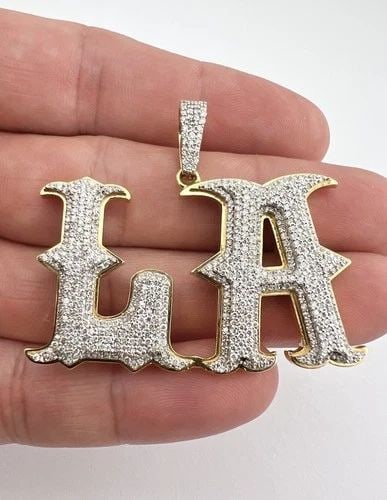 CUSTOM 18K YELLOW GOLD LOS ANGELES "LA" - 3.00CT DIAMOND LETTER PENDANT 18.2G: CUSTOM 18K YELLOW GOLD LOS ANGELES "LA" - 3.00CT DIAMOND LETTER PENDANT 18.2G Custom 18k Yellow Gold Los Angeles "LA" - 3.00ct Diamond Letter Pendant 18.2g Size: 1 5/8" Tall by 2" Wide at The Base Wei