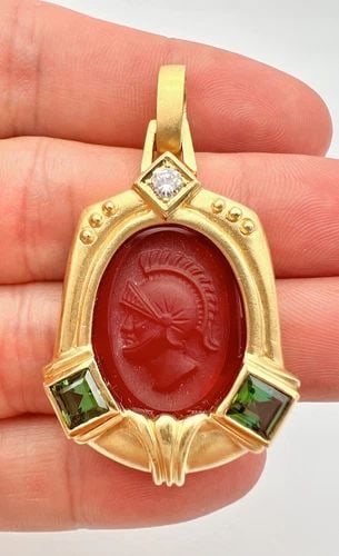 DESIGNER 18K YELLOW GOLD ETRUSCAN TOURMALINE & DIAMOND & AGATE INTAGLIO PENDANT: DESIGNER 18K YELLOW GOLD ETRUSCAN TOURMALINE & DIAMOND & AGATE INTAGLIO PENDANT Designer 18k Yellow Gold Etruscan Tourmaline & Diamond & Agate Intaglio Pendant Size: 2" Tall With Enhancer Bail by 1 1/