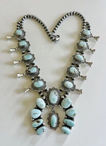 JACKSON HOSKIE NAVAJO STERLING DRY CREEK TURQUOISE SQUASH BLOSSOM NECKLACE 20" (1 of 2)