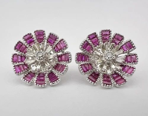 FINE 18K WHITE GOLD BAGUETTE RUBY & DIAMOND 3D FLOWER OMEGA BACK EARRINGS 15.3G (1 of 2)
